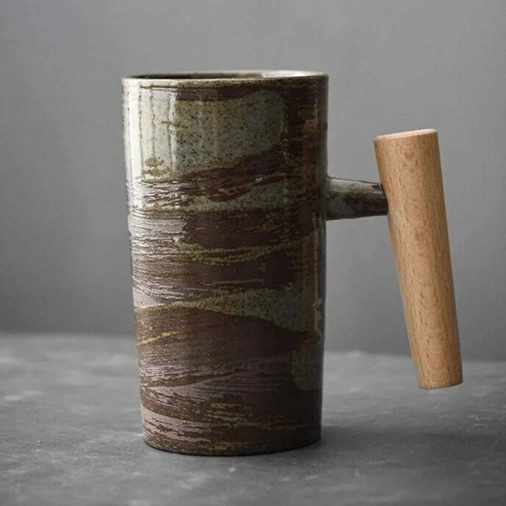 Nordic Ceramic Mug – Minimalist Coffee Cup with Wooden Handle