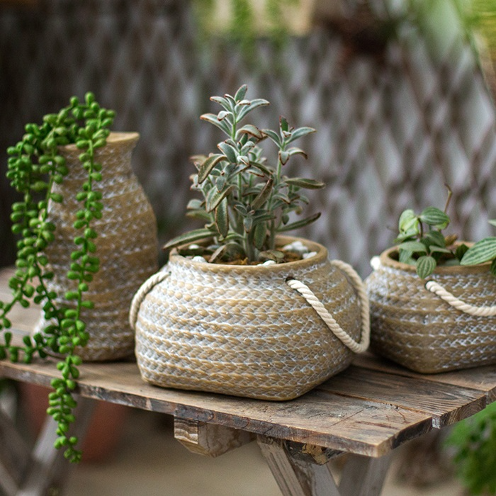 Ceramic Flower Pot with Woven Bag Look and Rope Handles – Decorative Planter for Home and Garden