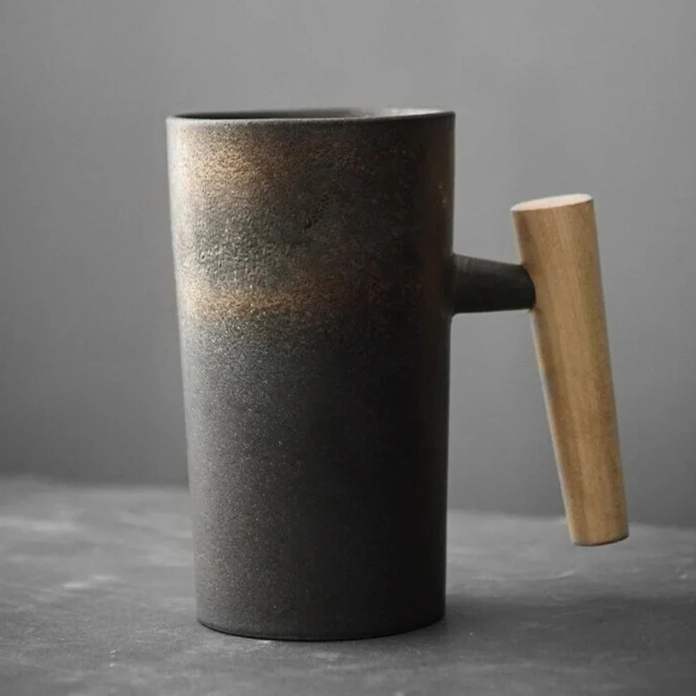 Nordic Ceramic Mug – Minimalist Coffee Cup with Wooden Handle