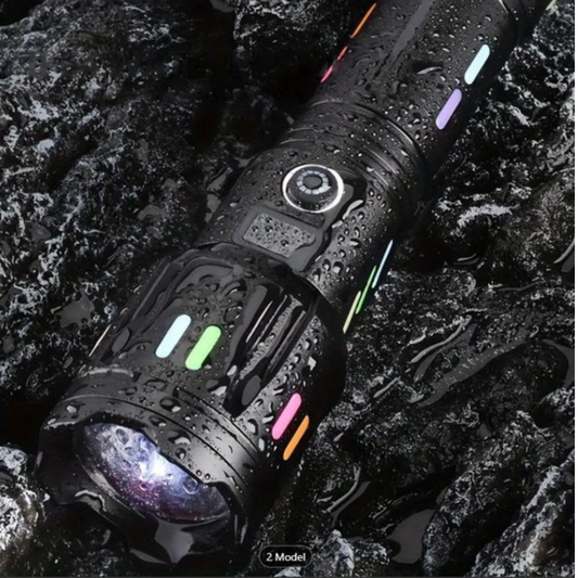 High-Performance LED Flashlight with Power Display – Rechargeable Torch with Glass Breaker & USB-C Charging