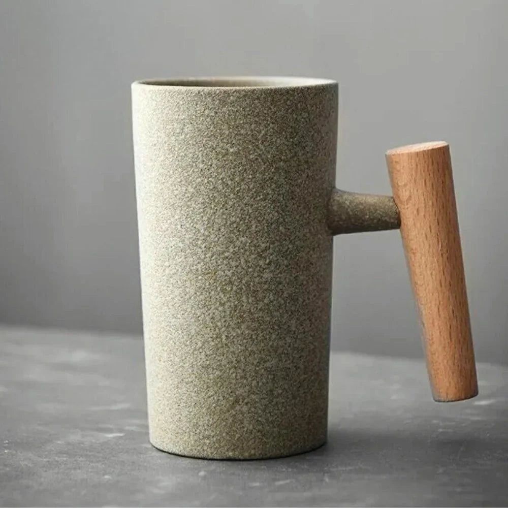 Nordic Ceramic Mug – Minimalist Coffee Cup with Wooden Handle