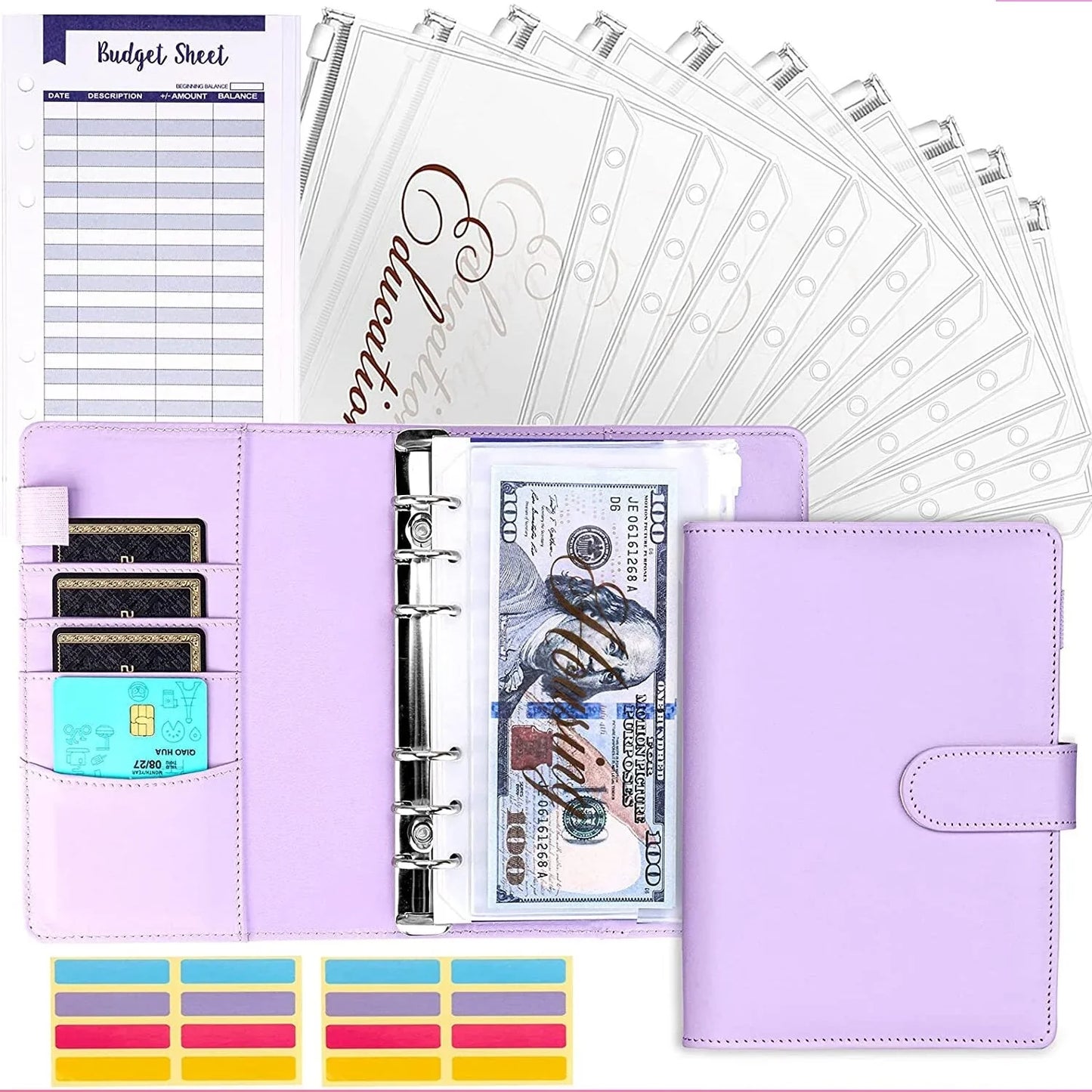 Budget Organizer Folder with Cash Envelope System and Credit Card Slots