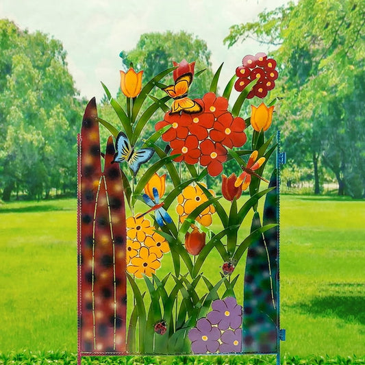 Decorative Metal Garden Fence with Floral and Butterfly Design – Colorful Outdoor Accent for Yard and Patio