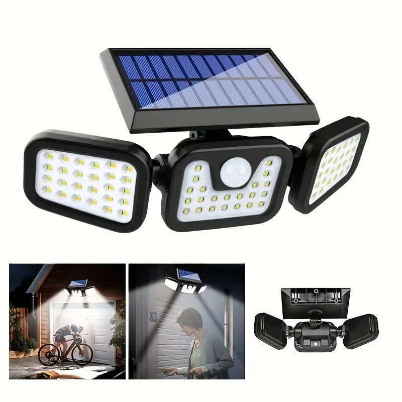 LED Solar Floodlight with Motion Sensor – 3-Spot Outdoor Lighting for Garden, Yard, and Garage