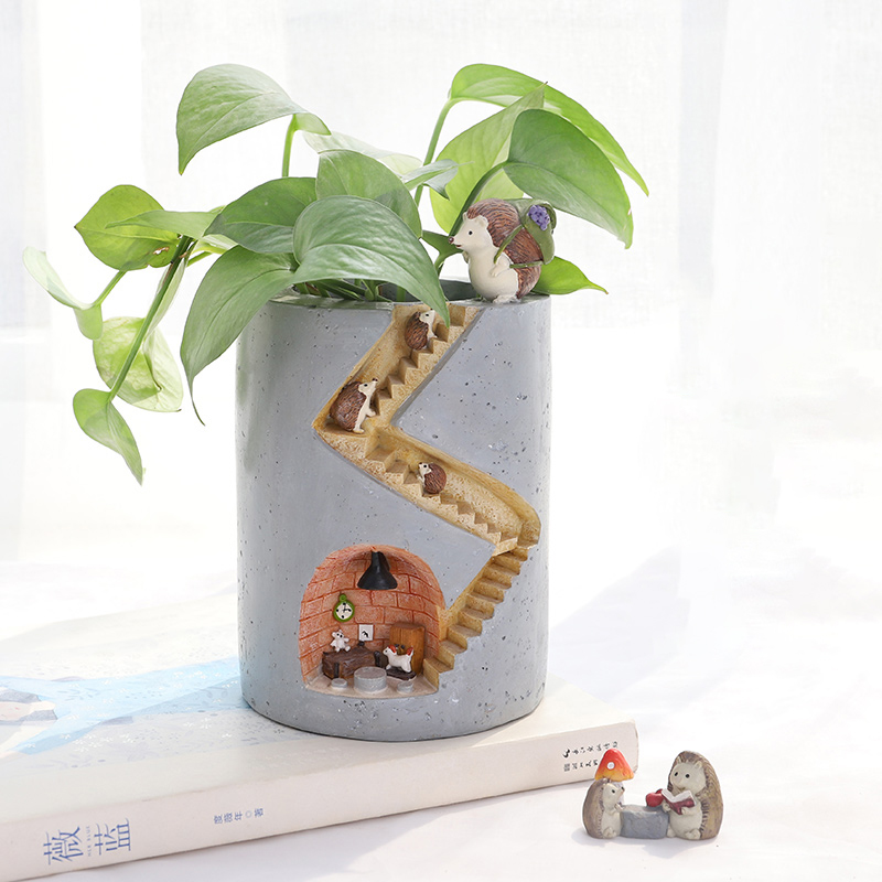 Whimsical Plant Pot with Hedgehog and Rabbit Figurines - Unique Staircase Design for Indoor Plants