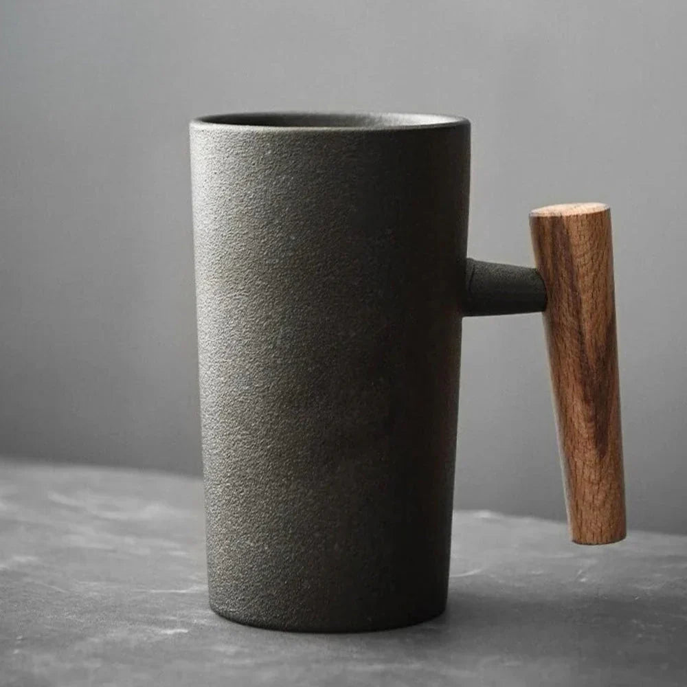 Nordic Ceramic Mug – Minimalist Coffee Cup with Wooden Handle