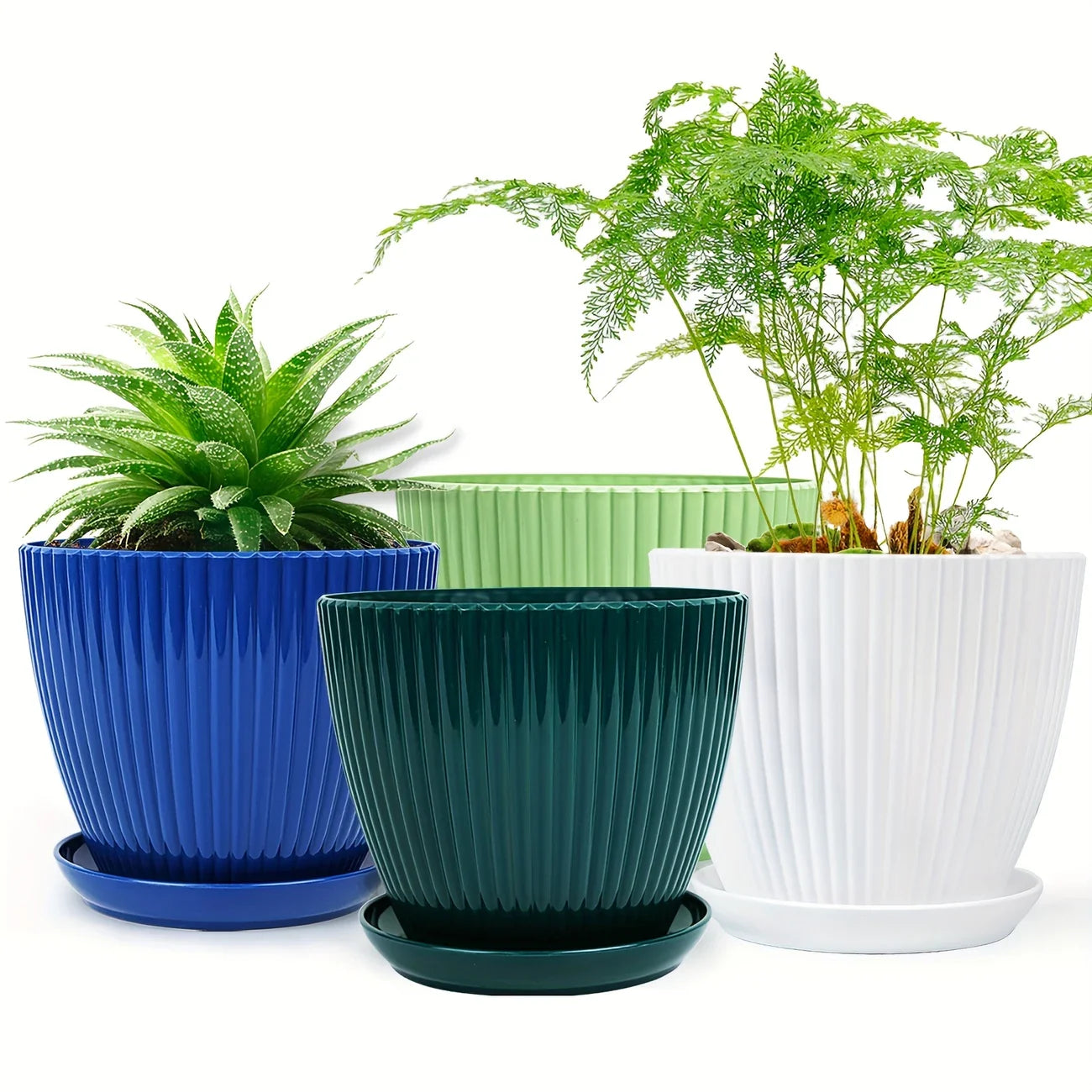 Sturdy Plastic Flower Pot with Grooved Design and Saucer - Durable Planter for Plants