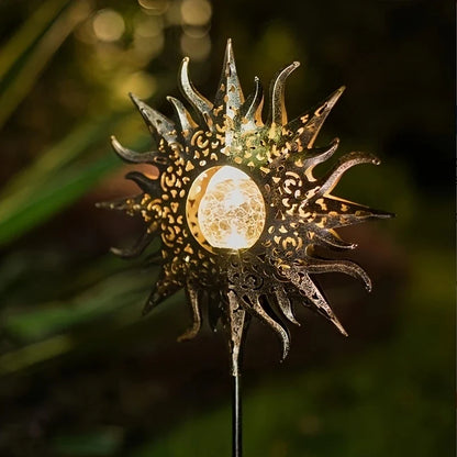 Waterproof Metal Solar Garden Light – LED Outdoor Lighting in Moon, Flame, Sun, or Star Shapes
