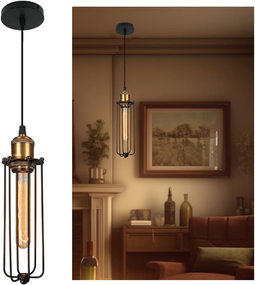 Vintage Industrial Pendant Light – Retro Hanging Lamp with Metal Cage Design
