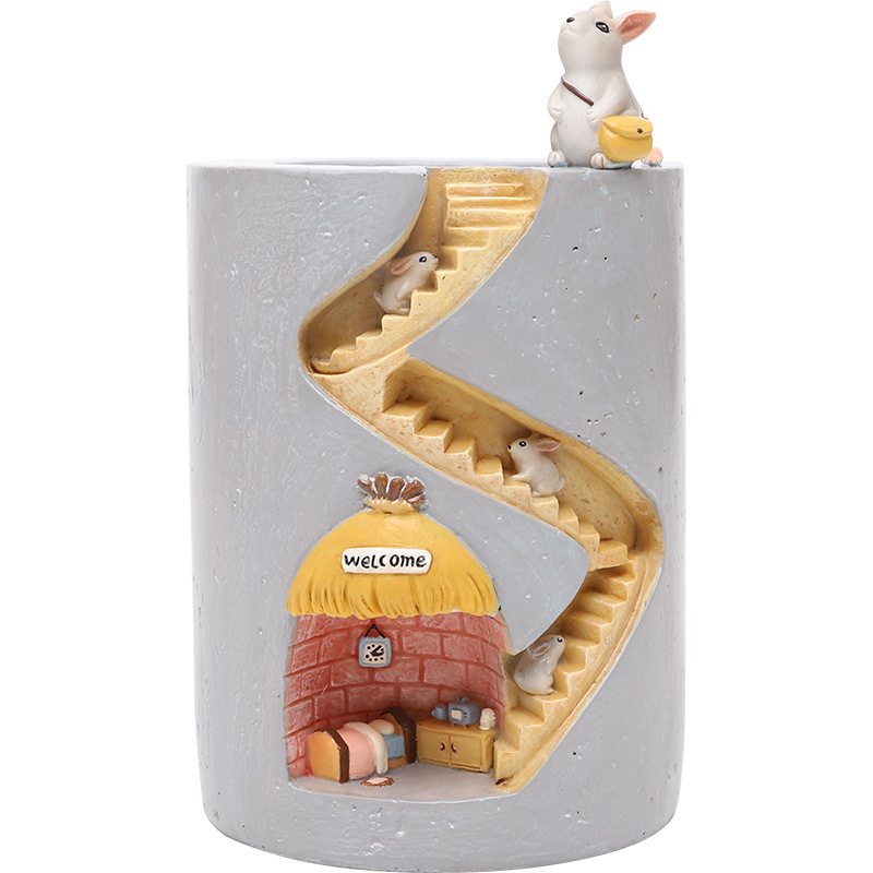 Whimsical Plant Pot with Hedgehog and Rabbit Figurines - Unique Staircase Design for Indoor Plants