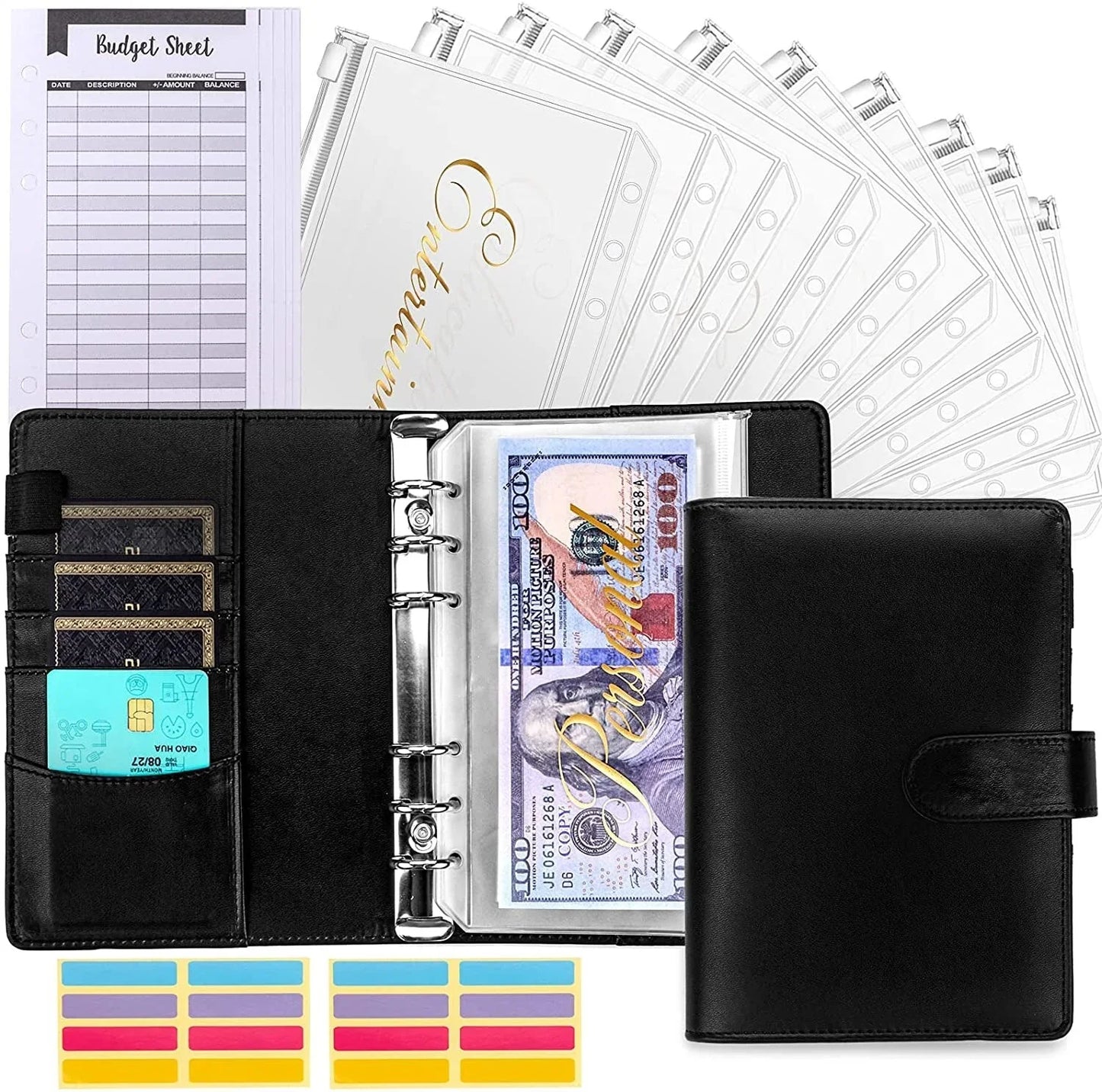 Budget Organizer Folder with Cash Envelope System and Credit Card Slots