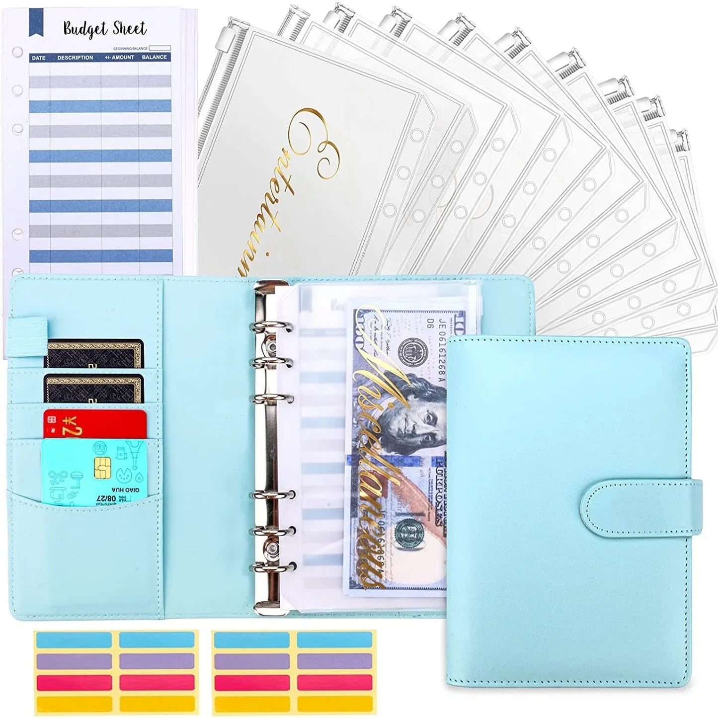 Budget Organizer Folder with Cash Envelope System and Credit Card Slots