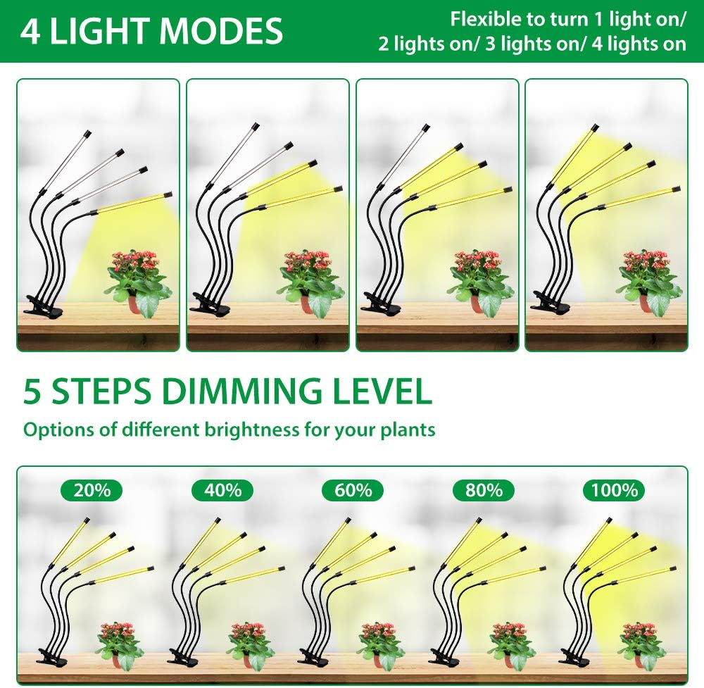 Indoor Plant Grow Light with 4 Adjustable Arms - Dimmable LED for Optimal Plant Growth