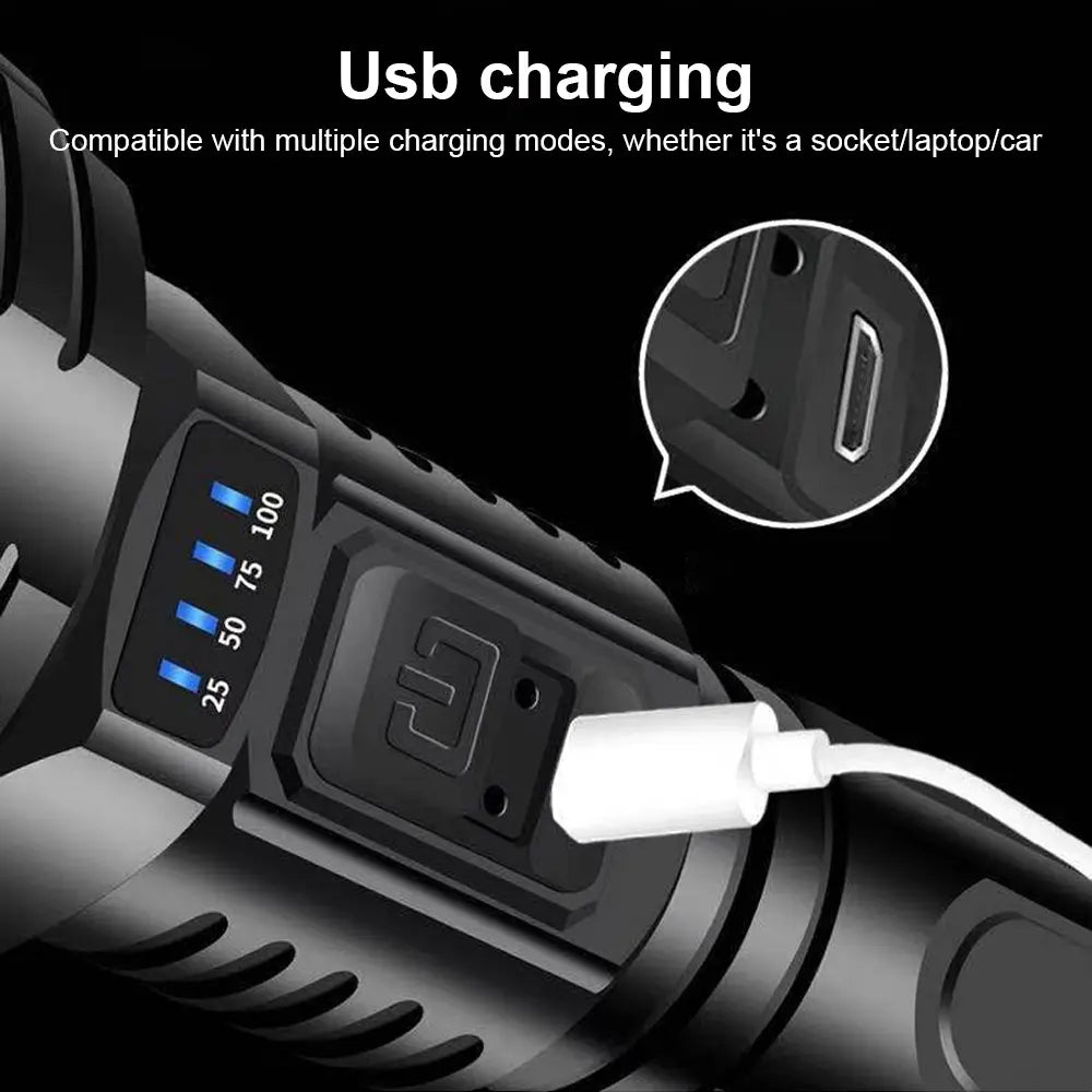 90000LM LED Searchlight – High-Powered Tactical Torch with USB Charging for Outdoor and Emergency Use