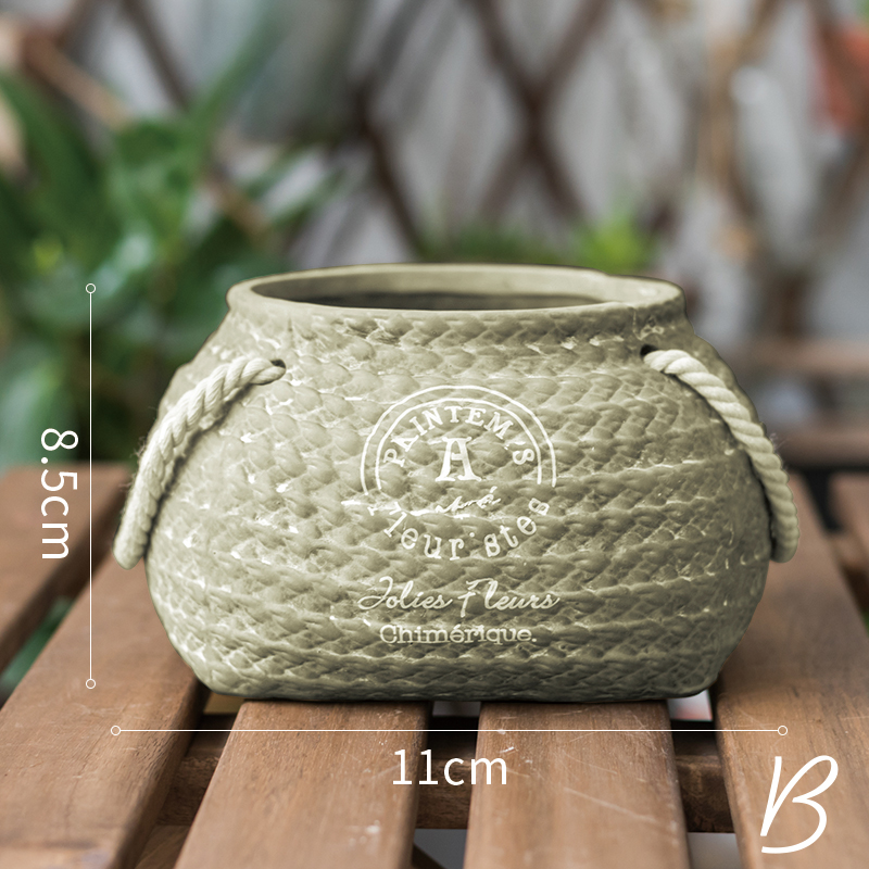 Ceramic Flower Pot with Woven Bag Look and Rope Handles – Decorative Planter for Home and Garden