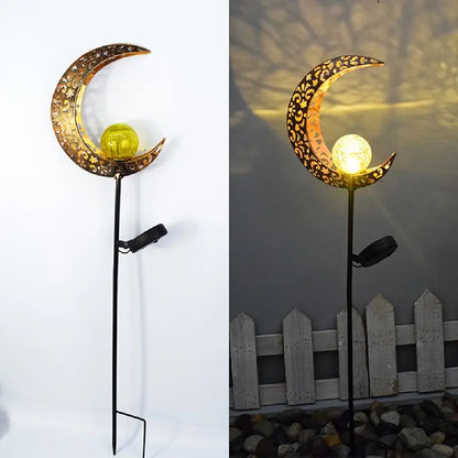Waterproof Metal Solar Garden Light – LED Outdoor Lighting in Moon, Flame, Sun, or Star Shapes