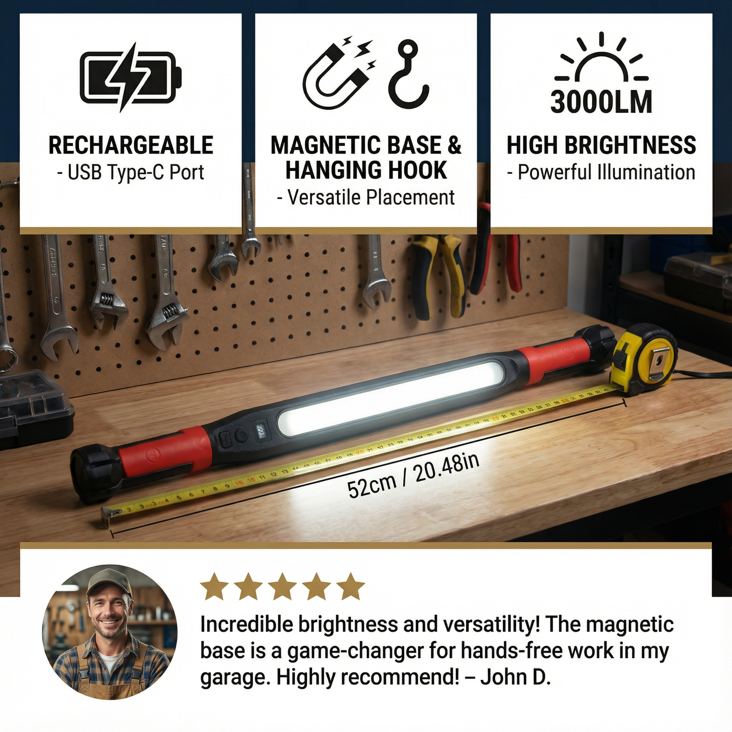 LED Work Light 3000LM – Rechargeable, Magnetic Base & Hanging Hook