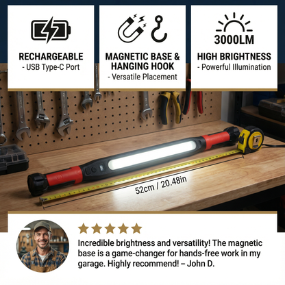 LED Work Light 3000LM – Rechargeable, Magnetic Base & Hanging Hook