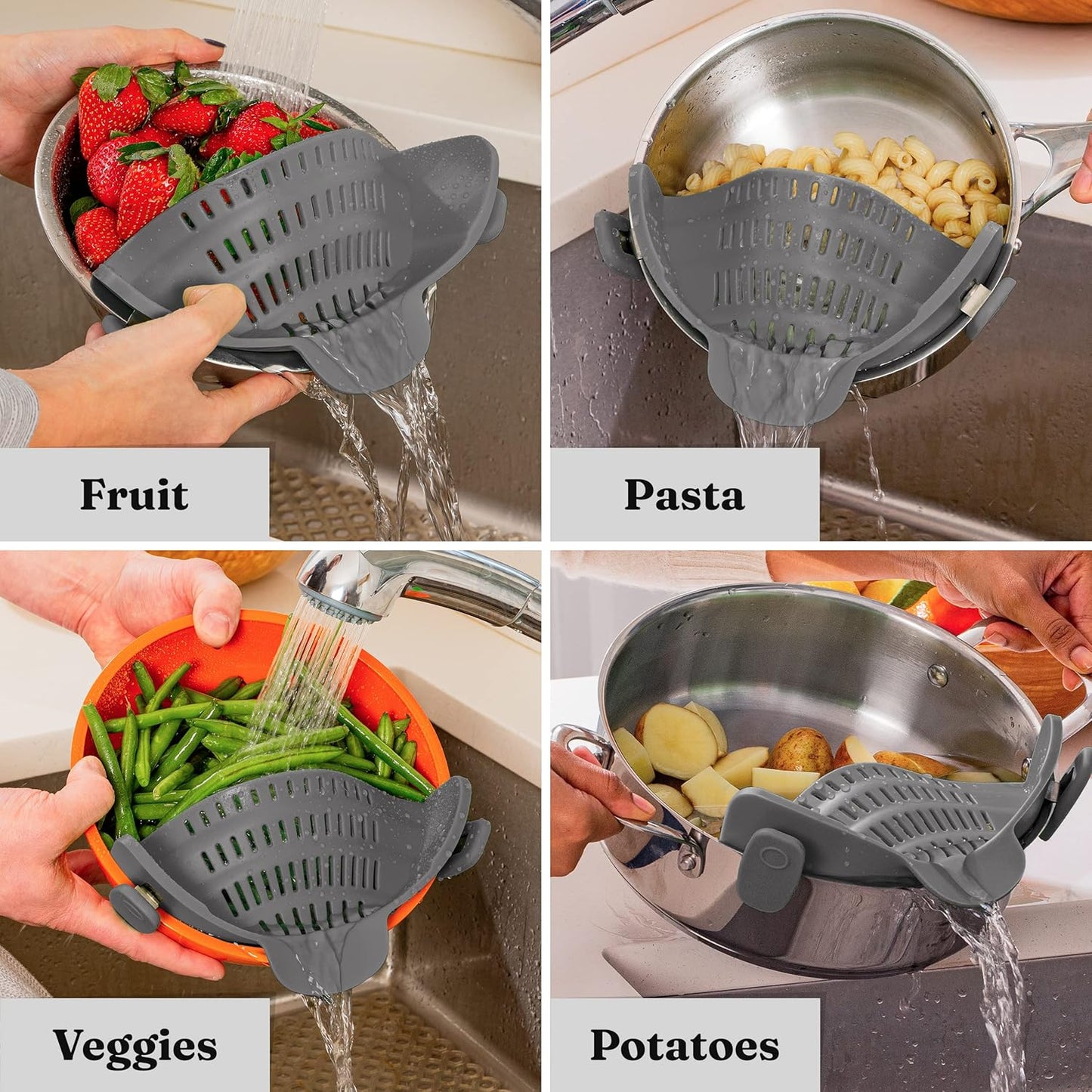 Heat-Resistant Silicone Strainer with Clip for Easy Food Draining