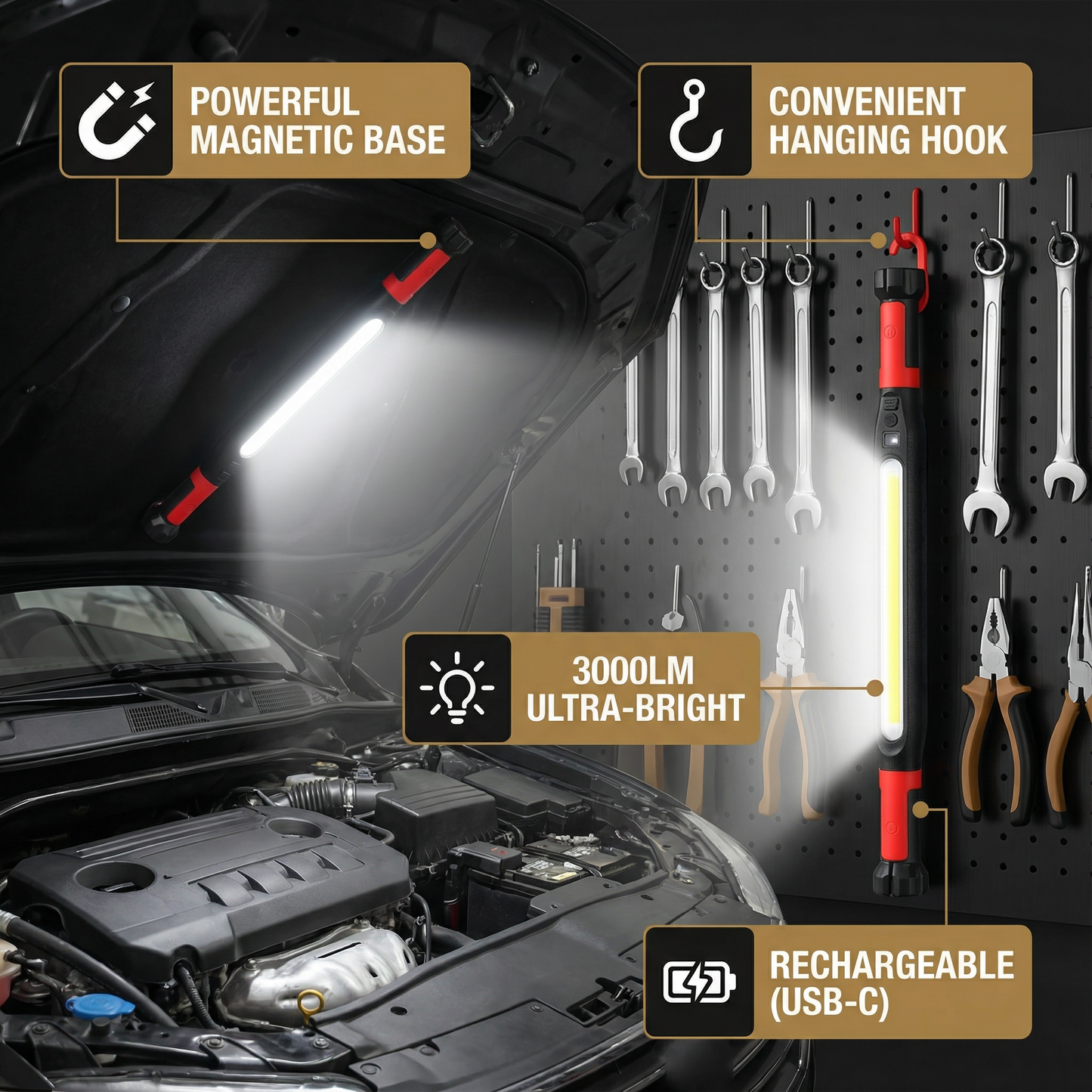 LED Work Light 3000LM – Rechargeable, Magnetic Base & Hanging Hook