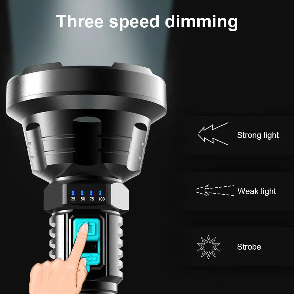 90000LM LED Searchlight – High-Powered Tactical Torch with USB Charging for Outdoor and Emergency Use