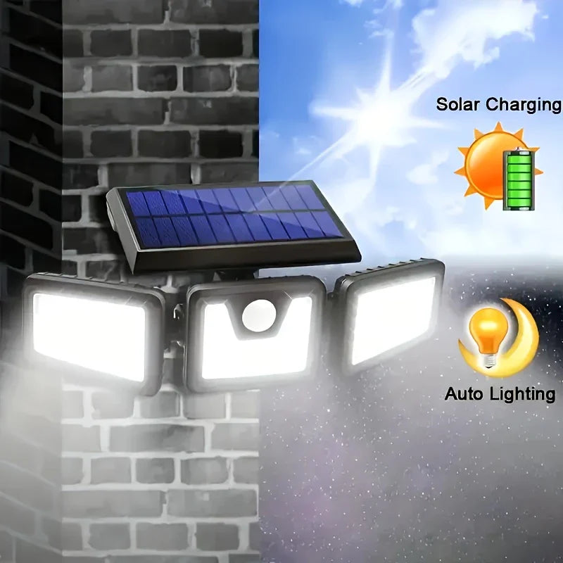 LED Solar Floodlight with Motion Sensor – 3-Spot Outdoor Lighting for Garden, Yard, and Garage