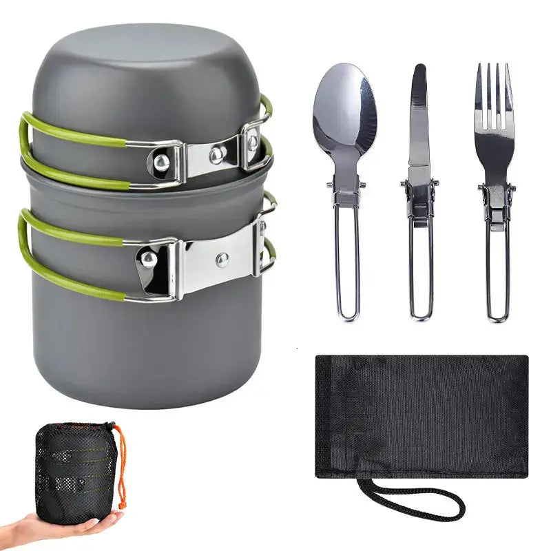 Compact Camping Cookware Set with Stainless Steel Cutlery and Convenient Carrying Bag