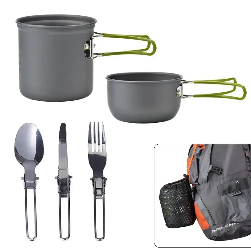 Compact Camping Cookware Set with Stainless Steel Cutlery and Convenient Carrying Bag