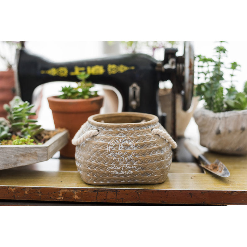 Ceramic Flower Pot with Woven Bag Look and Rope Handles – Decorative Planter for Home and Garden