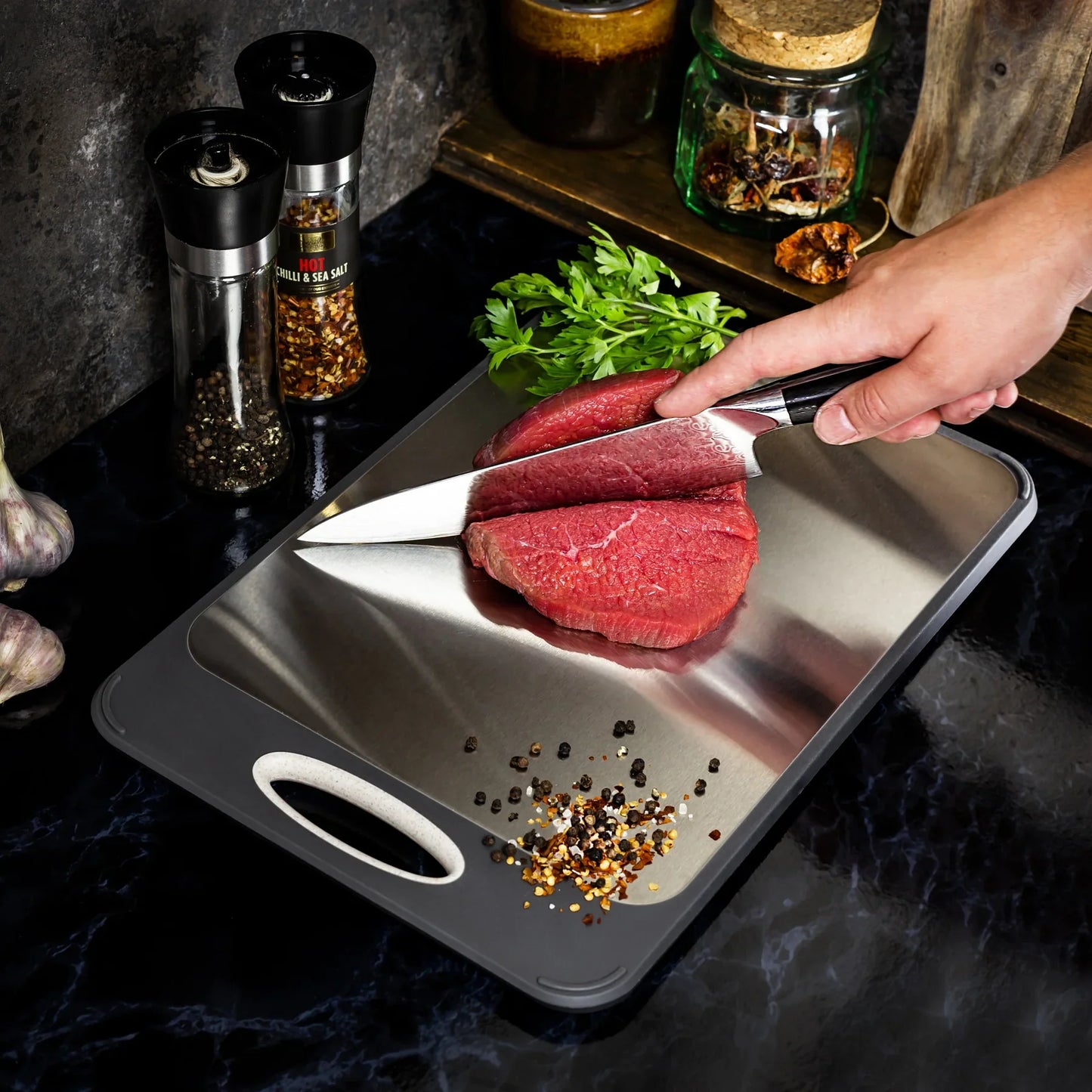 Stainless Steel Cutting Board with Non-Slip Handle – Hygienic and Precise Cutting Solution