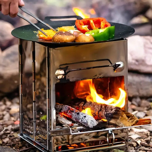 Foldable Stainless Steel Camping Stove – Portable Wood-Burning Cooker for Outdoor Cooking