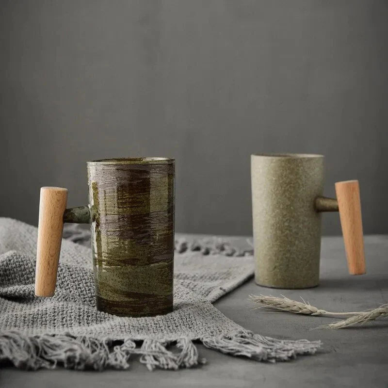 Nordic Ceramic Mug – Minimalist Coffee Cup with Wooden Handle