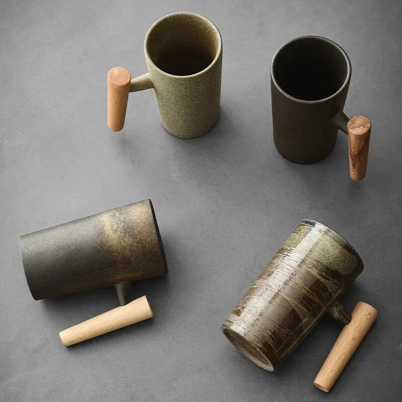 Nordic Ceramic Mug – Minimalist Coffee Cup with Wooden Handle