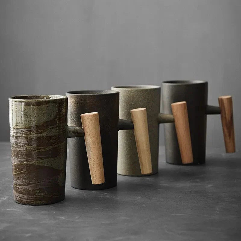 Nordic Ceramic Mug – Minimalist Coffee Cup with Wooden Handle