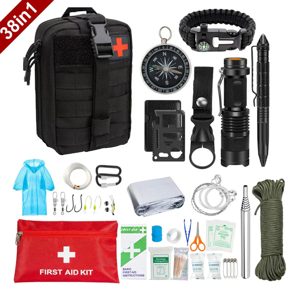 38-in-1 Emergency Survival Kit with First Aid, Flashlight, and Compass