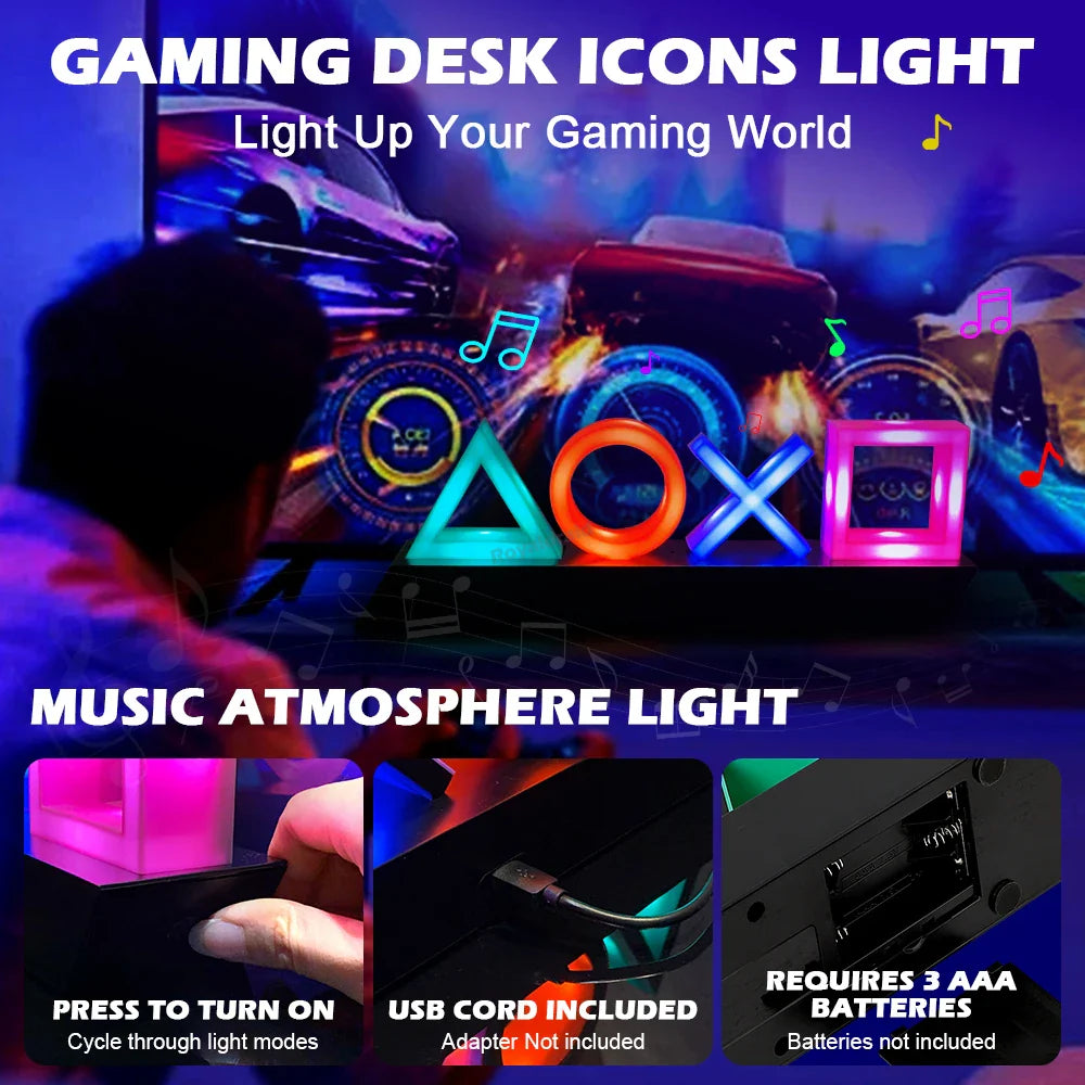LED Table Lamp with PlayStation Icons – Music-Activated Gaming & Bedroom Decor Lamp