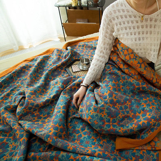 Six-Layer Cotton Throw Blanket with Orange And Blue Design