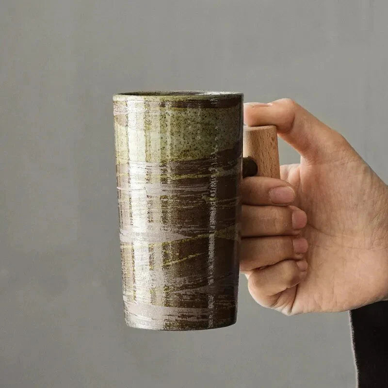 Nordic Ceramic Mug – Minimalist Coffee Cup with Wooden Handle