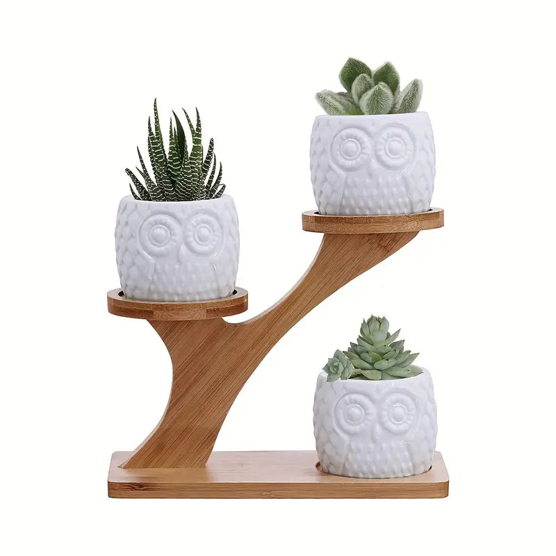 Wooden Plant Stand with Owl Design – Decorative Holder for Succulents and Houseplants