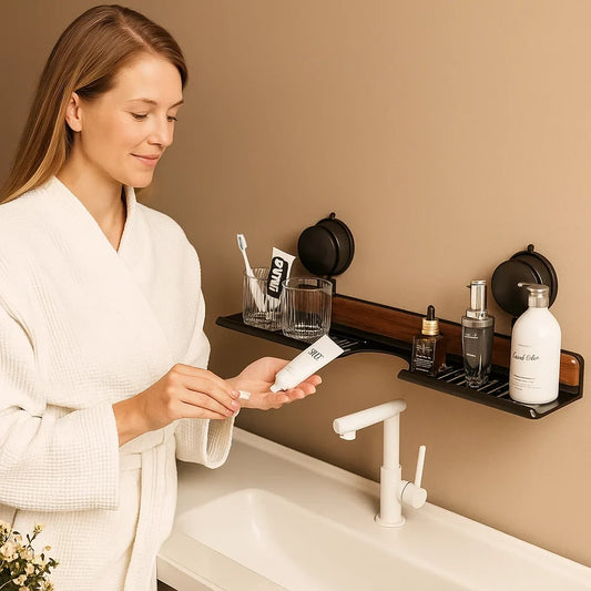 Bathroom Suction Cup Sink Shelf in Walnut Design