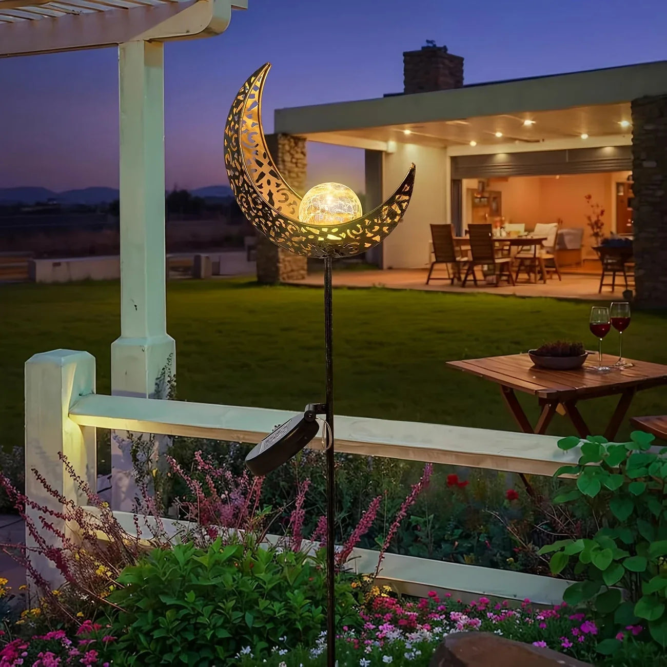 Waterproof Metal Solar Garden Light – LED Outdoor Lighting in Moon, Flame, Sun, or Star Shapes