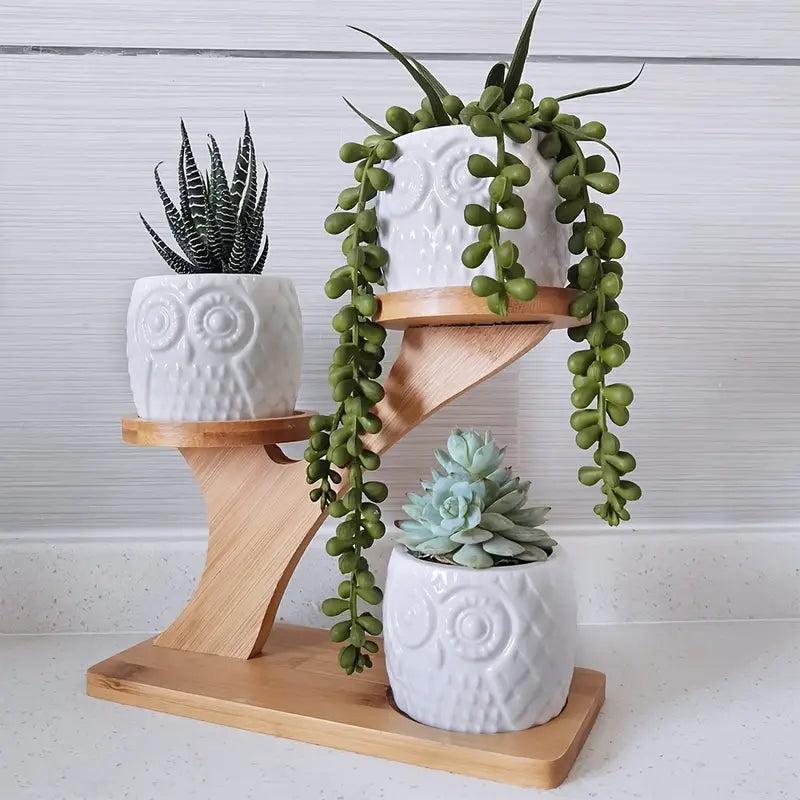 Wooden Plant Stand with Owl Design – Decorative Holder for Succulents and Houseplants