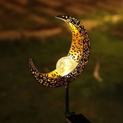 Waterproof Metal Solar Garden Light – LED Outdoor Lighting in Moon, Flame, Sun, or Star Shapes