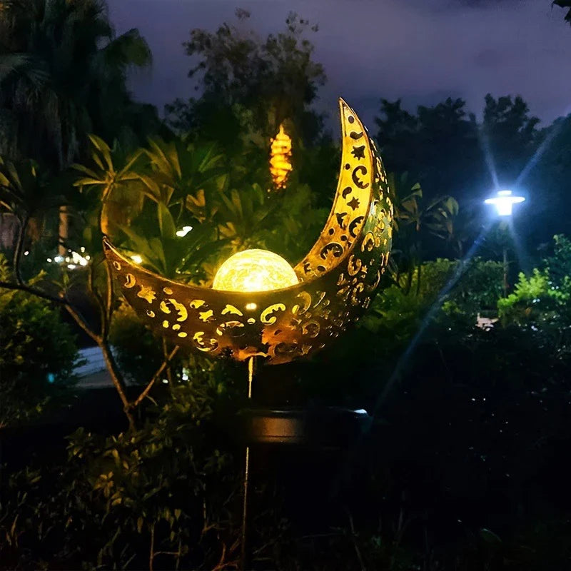 Waterproof Metal Solar Garden Light – LED Outdoor Lighting in Moon, Flame, Sun, or Star Shapes