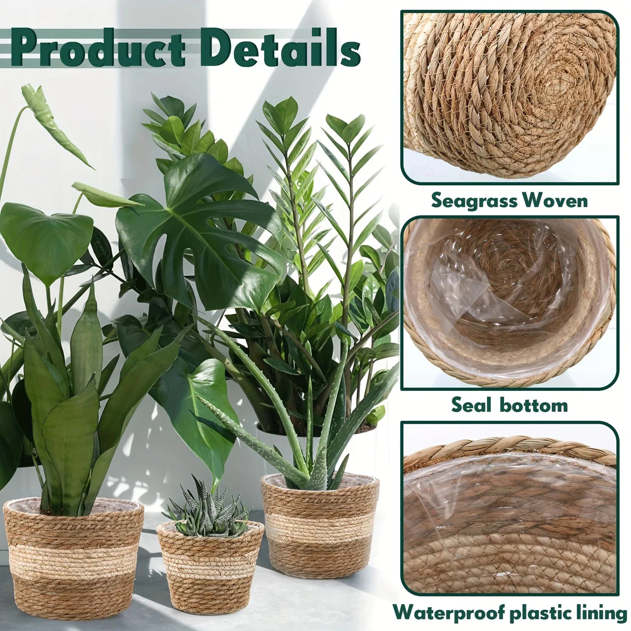 Set of 3 Handwoven Seagrass Plant Baskets - Decorative Flower Pots with Foil Liner
