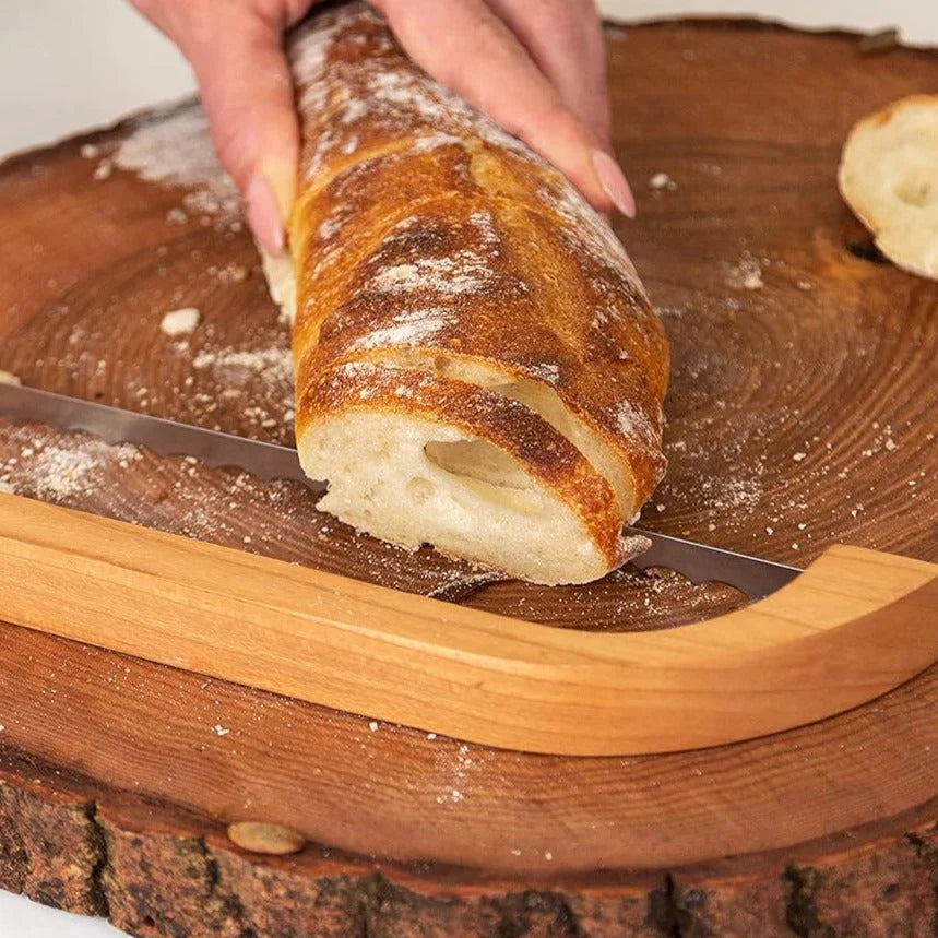 Wooden Bread Knife with Serrated Edge and Non-Slip Cutting Aid