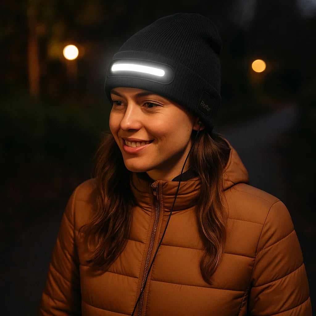 Warm Hat with Integrated Bluetooth Headphones and LED light strip