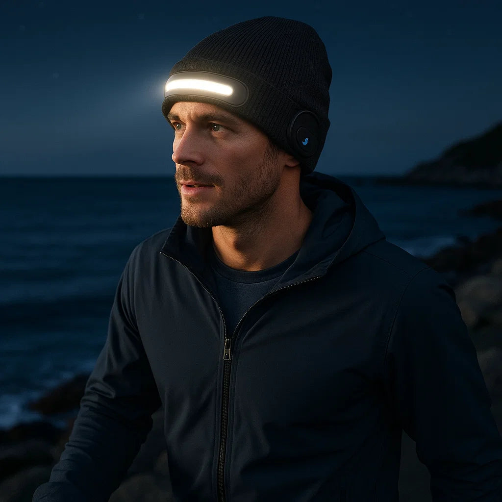 Warm Hat with Integrated Bluetooth Headphones and LED light strip