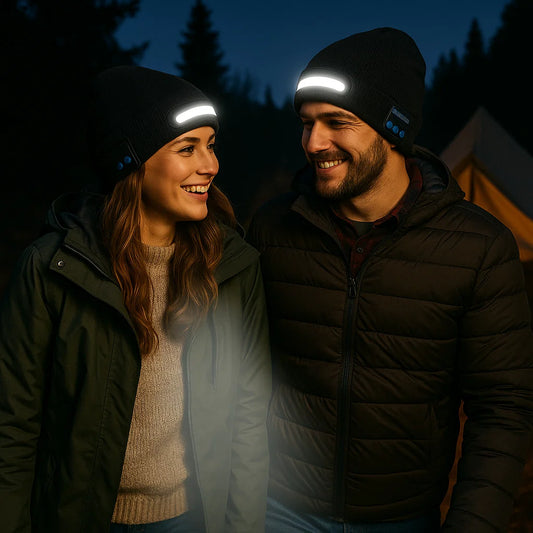 Warm Hat with Integrated Bluetooth Headphones and LED light strip