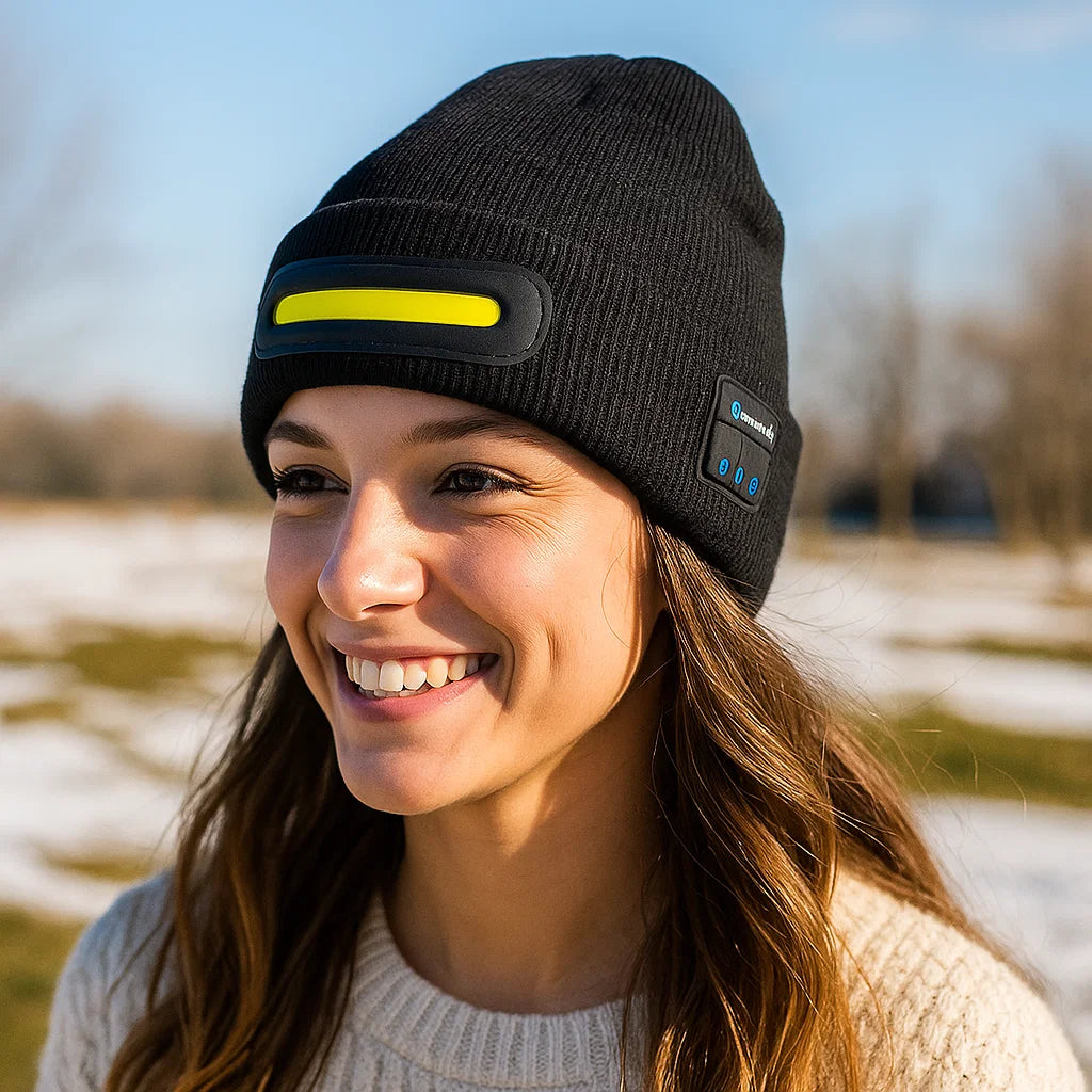 Warm Hat with Integrated Bluetooth Headphones and LED light strip